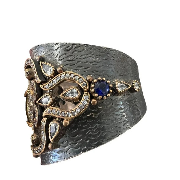 Designer Handcrafted Oxidized Sterling Silver Crystal Embellished Cuff - Picture 11 of 11